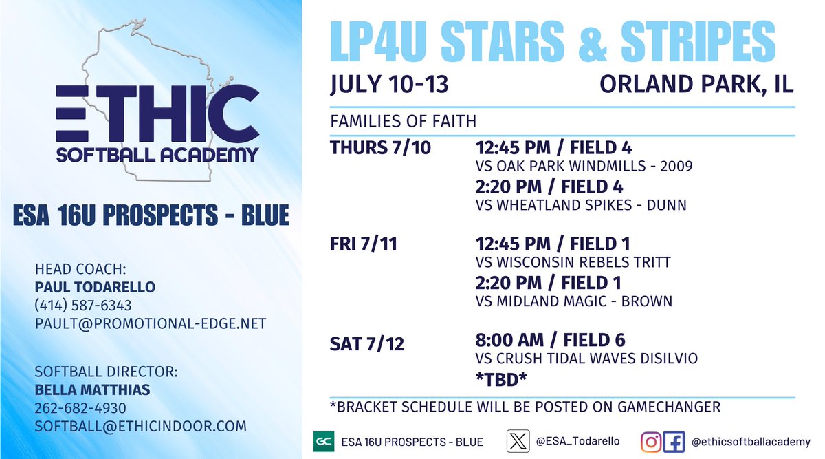 ESA 16U Prospects - Blue (@esa_todarello) on Twitter photo Game Schedule for the LP4U Stars & Stripes in📍Orlando Park, IL!! 💥
<a href="/Kennedyb2727/">Kennedy Bennett</a> <a href="/madilynmismash/">madilyn mismash</a> <a href="/GSwiezynski/">Grace Swiezynski</a> <a href="/paytonthiese/">Payton Thiesenhusen</a> <a href="/LexiTodarello/">Lexi Todarello</a> <a href="/mackenziedent28/">Mackenzie Dent</a> Game Schedule for the LP4U Stars & Stripes in📍Orlando Park, IL!! 💥
<a href="/Kennedyb2727/">Kennedy Bennett</a> <a href="/madilynmismash/">madilyn mismash</a> <a href="/GSwiezynski/">Grace Swiezynski</a> <a href="/paytonthiese/">Payton Thiesenhusen</a> <a href="/LexiTodarello/">Lexi Todarello</a> <a href="/mackenziedent28/">Mackenzie Dent</a>