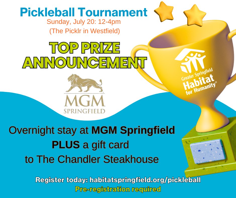 Greater Springfield Habitat for Humanity (@gshfh) on Twitter photo 🚨 BIG NEWS! 🚨
Our Pickleball Tournament just got even more exciting…
🥇 The TOP PRIZE?
🎰 An overnight stay at <a href="/MGMSpringfield/">MGM Springfield</a>
🍷 + a gift card to The Chandler Steakhouse!
🏓 Don’t miss your shot. Sign up now: habitatspringfield.org/pickleball 🚨 BIG NEWS! 🚨
Our Pickleball Tournament just got even more exciting…
🥇 The TOP PRIZE?
🎰 An overnight stay at <a href="/MGMSpringfield/">MGM Springfield</a>
🍷 + a gift card to The Chandler Steakhouse!
🏓 Don’t miss your shot. Sign up now: habitatspringfield.org/pickleball