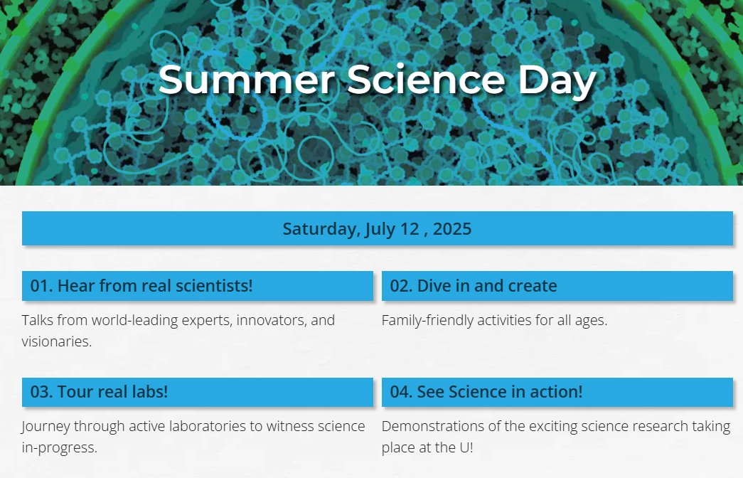LearnGenetics's tweet image. More than fifty U of U researchers are giving over 80 demos, lab tours, workshops and talks for the public this Saturday, July 12th! Science-curious? We have something for everyone! 10am-4pm @utah @UofUHealth Schedule and directions here: gslc.utah.edu/summer-science…