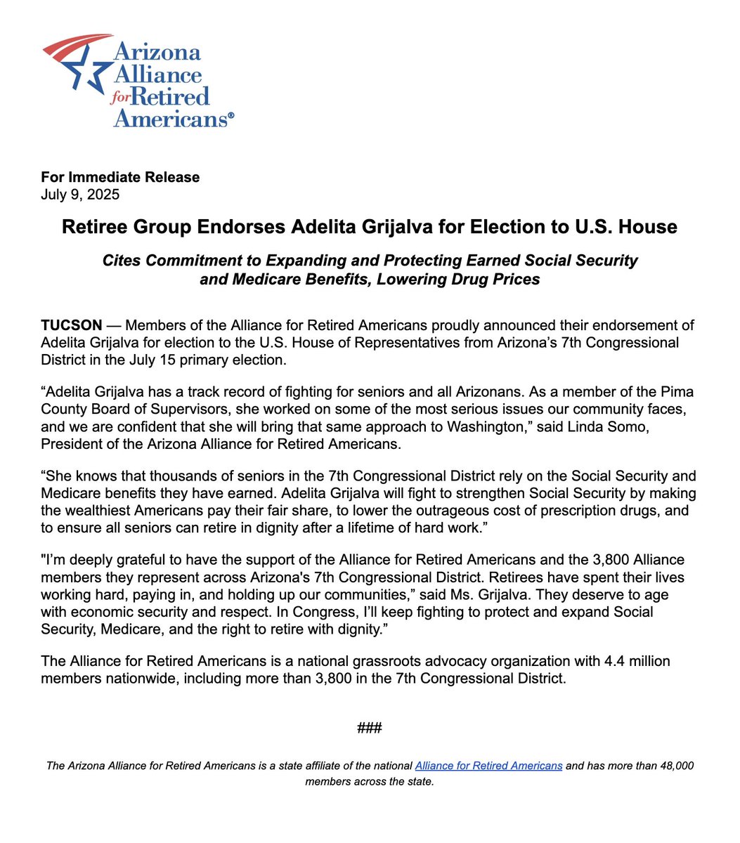 ActiveRetirees's tweet photo. We're proud to endorse @AdelitaForAZ to represent #AZ7 in Congress! She's shown she'll fight for retirees and working Americans. Read our statement ⬇️ https://t.co/TUvfRk8p9w