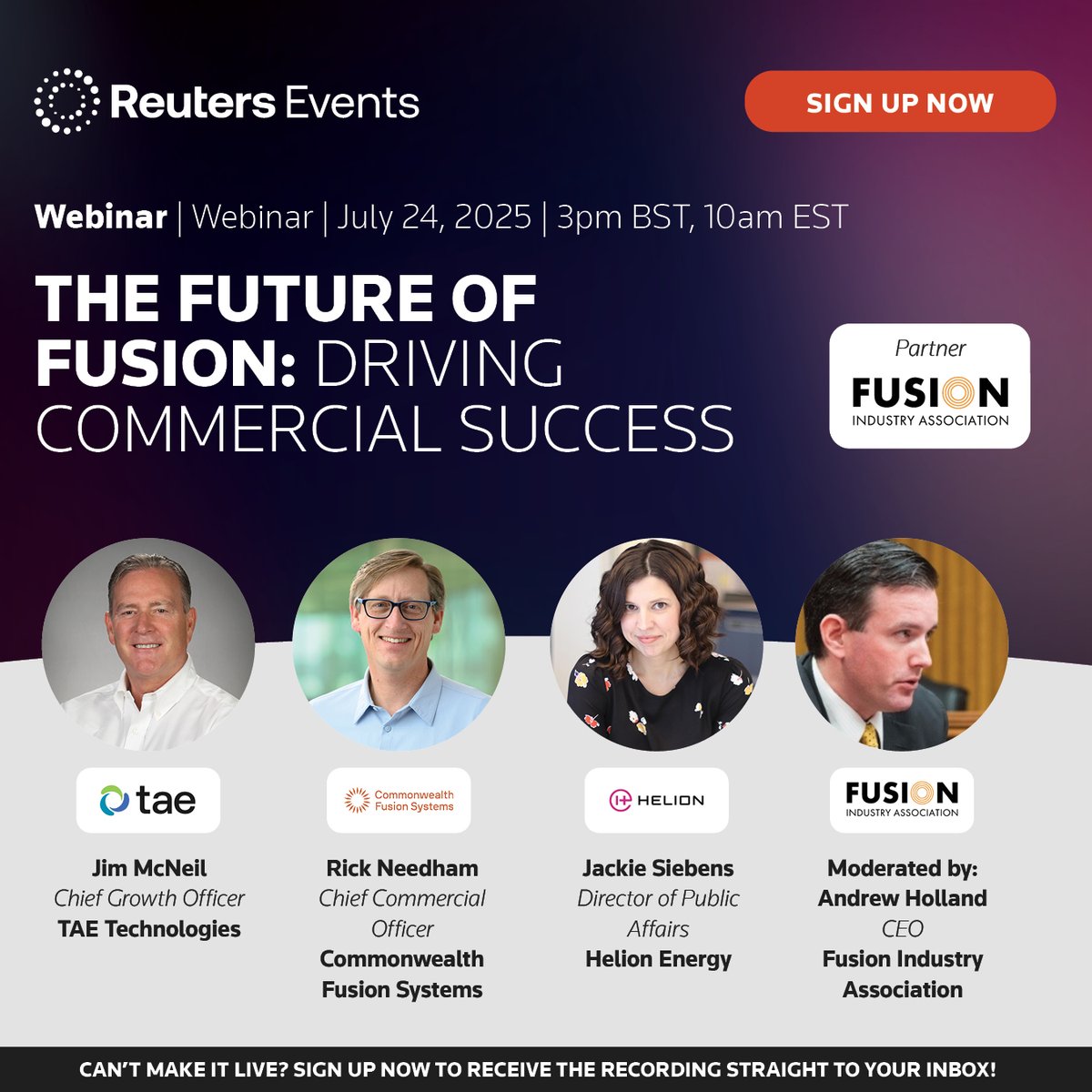 CFS_energy's tweet image. Looking forward to having Rick Needham, our Chief Commercial Officer, join @Reuters' first fusion discussion on July 24 as part of their webinar, "The Future of Fusion: Driving Commercial Success."
Rick, alongside other leaders in the fusion space, will discuss overcoming the…