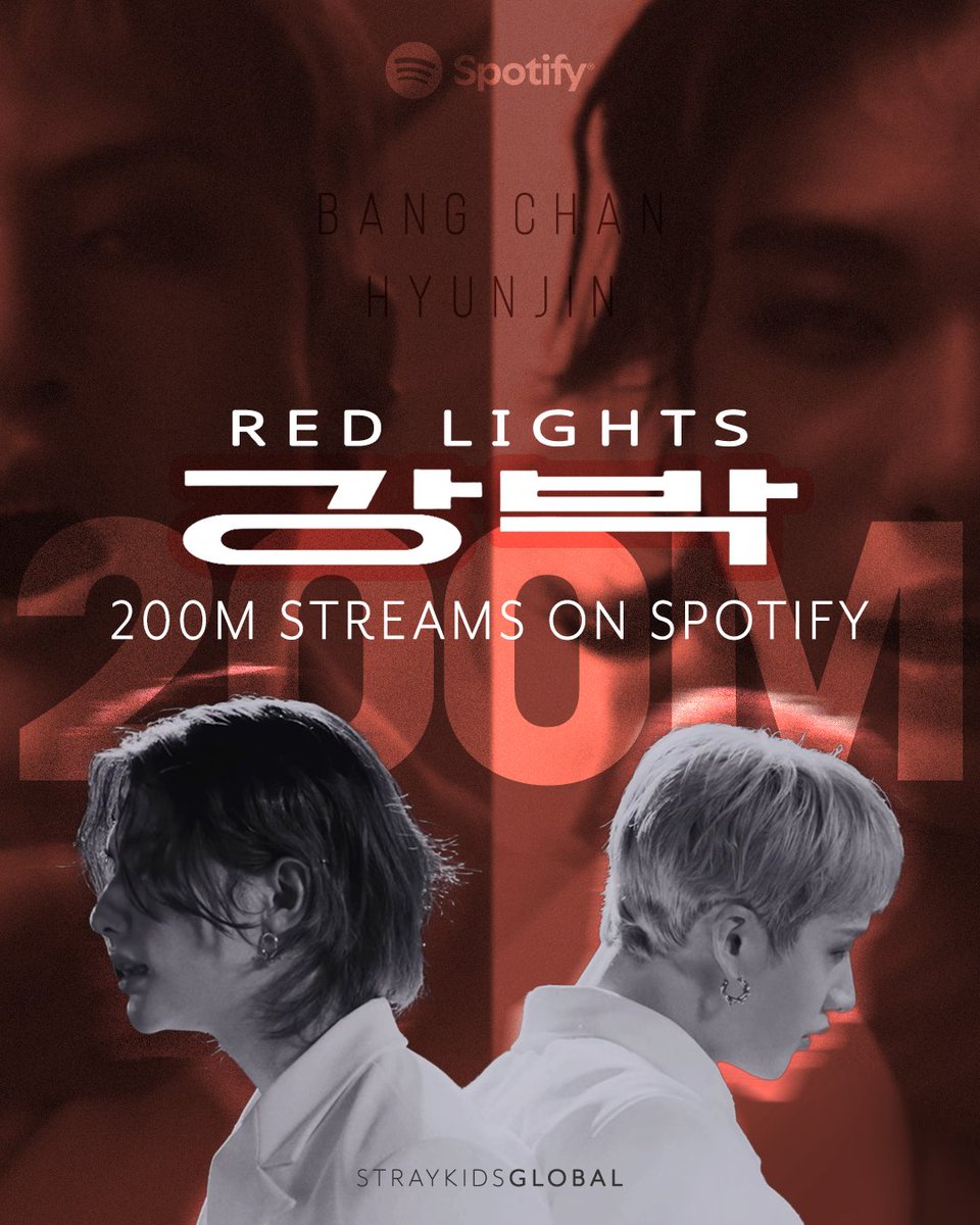 StrayKidsGlobal's tweet photo. MAKE YOU FEEL MY LOVE ⛓️

“Red Lights (Bang Chan, Hyunjin)”has now surpassed 200,000,000 (200 MILLION) streams on Spotify!

It is @Stray_Kids 9th song to do so! ❤️‍🔥

RED LIGHTS COME OVER 200M
#RedLights_200MOnSpotify
#BangChan_Hyunjin_200M https://t.co/msuFKcQJb5
