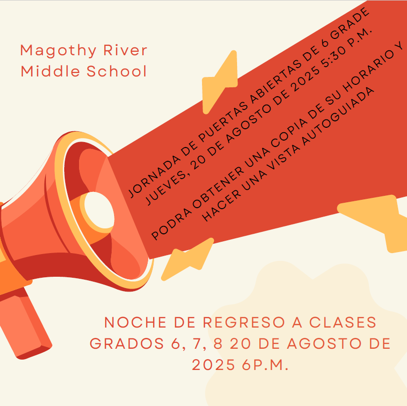 Incoming New Student Orientation and Back to School Night.

August 20, 2025
5:30-6:00 Incoming new students (6th graders and new to MRMS)
6:00-8:00 Back to School Night