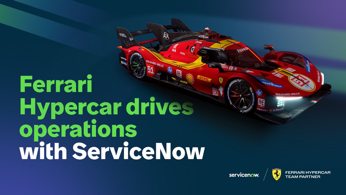 CooksDC's tweet photo. Excited to share that ServiceNow is now an Official Partner of the Ferrari Hypercar team! On the track, in the factory, and across the business, we're bringing the power of the ServiceNow AI Platform to boost race operations. Read the announcement: https://t.co/2PEaoqTcEd https://t.co/S6p4HLQTDj