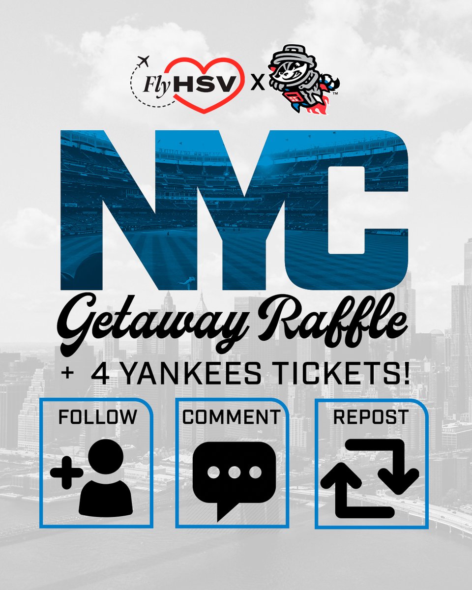 Rocket City Trash Pandas (@trashpandas) on Twitter photo ✈️We've teamed up with <a href="/FlyHSV/">Huntsville International Airport</a> to send some of YOU on a New York City getaway!
Join the raffle to win 4 tickets to a 2025 Yankees home game (excluding selective home games), a $1,200 Delta Gift Card for Non-Stop NYC Flights, and a $1,200 Marriott Gift Card for the Four Points ✈️We've teamed up with <a href="/FlyHSV/">Huntsville International Airport</a> to send some of YOU on a New York City getaway!
Join the raffle to win 4 tickets to a 2025 Yankees home game (excluding selective home games), a $1,200 Delta Gift Card for Non-Stop NYC Flights, and a $1,200 Marriott Gift Card for the Four Points