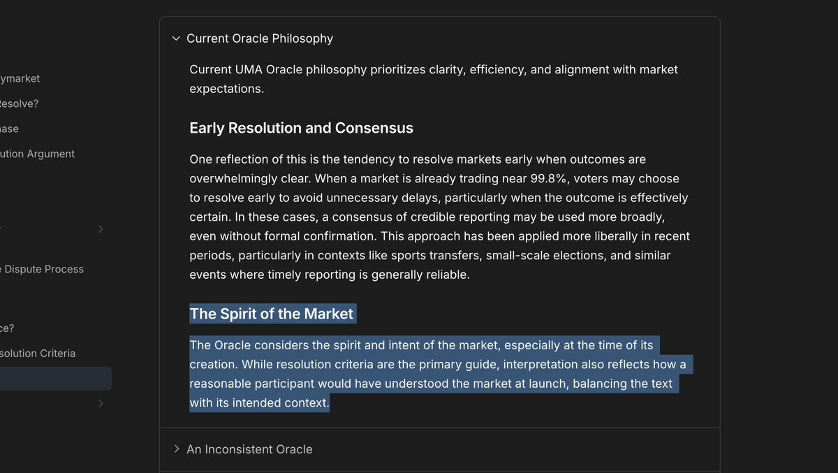 .:⠠⋮⠠:. (@deomaius) on Twitter photo It's pretty wild how ambigious <a href="/Polymarket/">Polymarket</a>'s resolution process is. With market descriptions explictly stating; "The resolution source will be a consensus of credible reporting."
Then contradict that by claiming that resolution is dependent on the "Spirit of the Market" ??????? It's pretty wild how ambigious <a href="/Polymarket/">Polymarket</a>'s resolution process is. With market descriptions explictly stating; "The resolution source will be a consensus of credible reporting."
Then contradict that by claiming that resolution is dependent on the "Spirit of the Market" ???????
