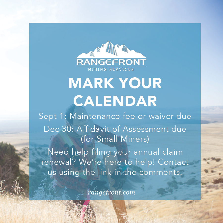RMS_Elko's tweet photo. Mining Claim Annual Renewal Deadline is September 1, and missing it means forfeiting your claim…no exceptions (they’re not our rules; we just follow them).

Would you like help with your annual claim renewals? Check out the link in the comments or call (775) 753-6605. https://t.co/GEQn7AKbhm