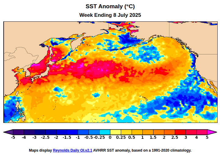 WorldClimateSvc's tweet image. The western Mediterranean marine heatwave is justifiably getting a lot of attention, but the North Pacific warmth is extreme as well - and over a much larger area.
The incredible warmth from Japan eastward has driven the daily PDO index to a new record low value (1981-present).