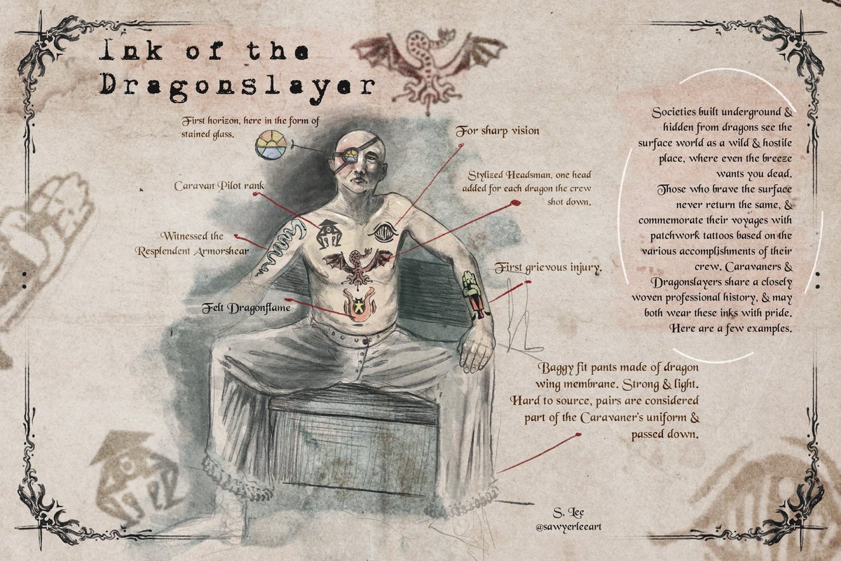 sawyerleeart's tweet image. In this world, the over-ground is seen as something just as treacherous and untamable as the seven seas of earth’s naval history. There are few who brave it regularly, and in a similar fashion to the sailors of old they mark their bodies in honor of their various milestones.