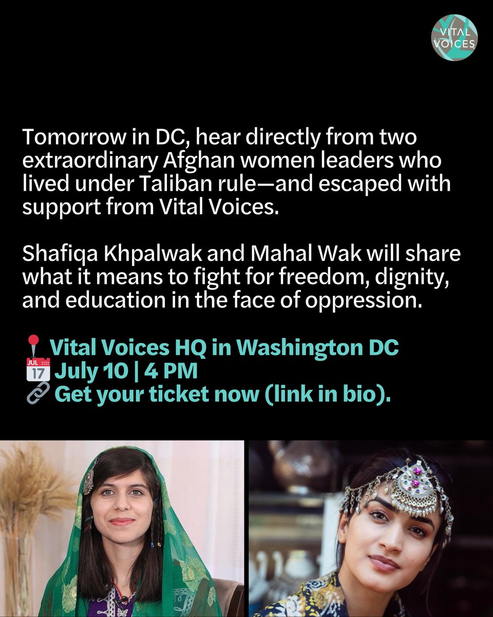 VitalVoices's tweet image. The ICC just issued arrest warrants for top Taliban leaders—charging them with crimes against humanity for persecuting women & girls.
TOMORROW in DC: Hear from Afghan women who lived it & resisted w/ @ShafiqaKhplwak, @Mahalwak & @SE_AfghanWGH
🔗 Tickets: support.vitalvoices.org/event/vital-vo…