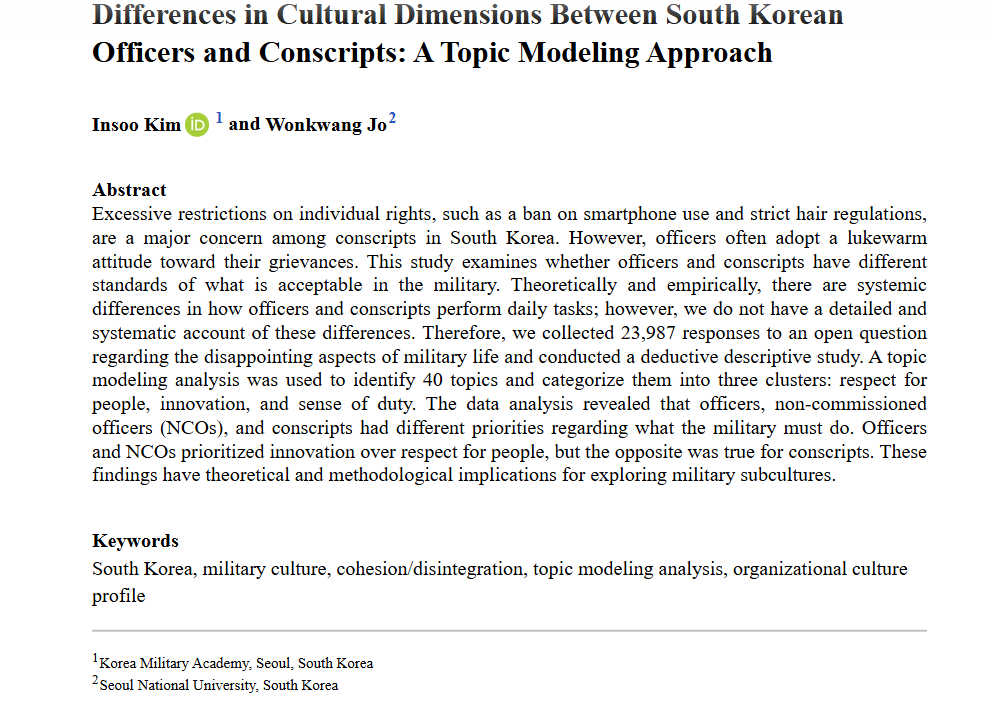 AFS_SAGE's tweet image. From our new issue: Differences in Cultural Dimensions Between South Korean Officers and Conscripts: A Topic Modeling Approach - Insoo Kim, Wonkwang Jo, 2025 #NewIssue journals.sagepub.com/doi/abs/10.117…