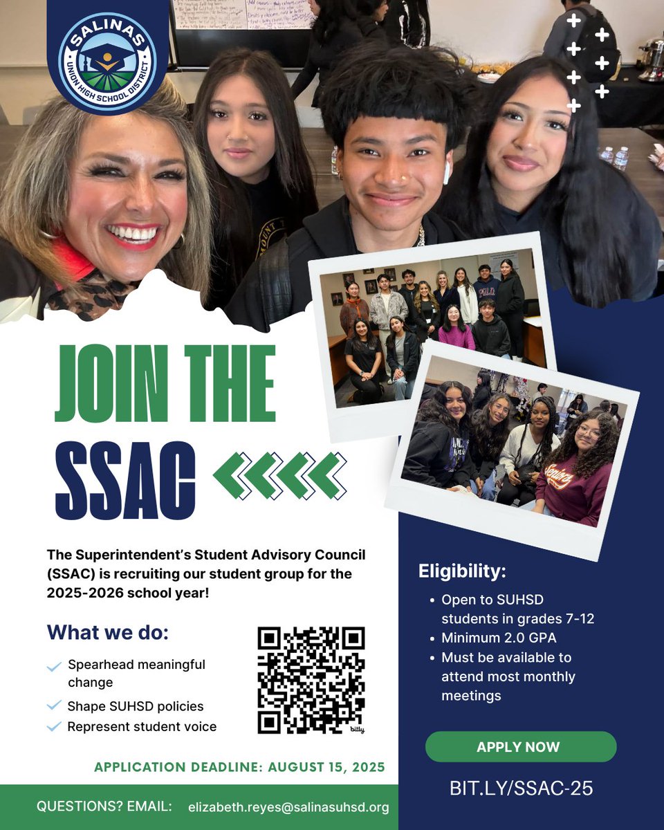 Calling all SUHSD students! Are you ready to make an impact at your school and our district? Work directly with Superintendent Zandra Jo Galvan by joining the Student Advisory Council (SAAC) for the 2025-2026 school year. This is your chance to lead, shape policy, and elevate