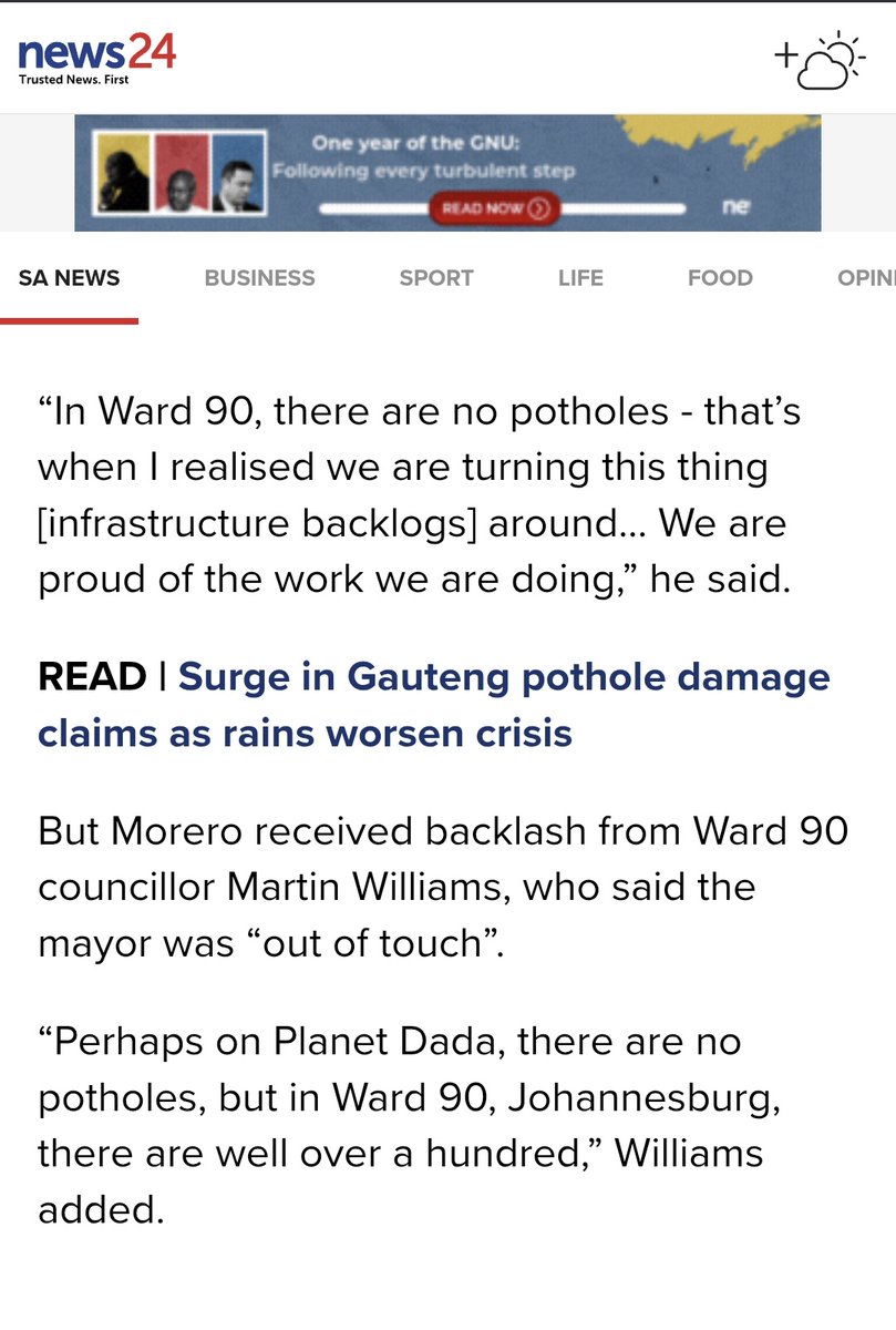 Leah Potgieter (@leahk28) on Twitter photo Earlier this month Cllr <a href="/Marttwit/">Martin Williams</a> called out anc mayor <a href="/DadaMorero/">Executive Mayor of the City Of Joburg</a> on false claims of perfect service delivery in Ward 90, forcing a high level road operation in the Sandton Ward tomorrow. Fantastic Job Cllr Williams! Perhaps proactive maintenance in future is a good idea... Earlier this month Cllr <a href="/Marttwit/">Martin Williams</a> called out anc mayor <a href="/DadaMorero/">Executive Mayor of the City Of Joburg</a> on false claims of perfect service delivery in Ward 90, forcing a high level road operation in the Sandton Ward tomorrow. Fantastic Job Cllr Williams! Perhaps proactive maintenance in future is a good idea...