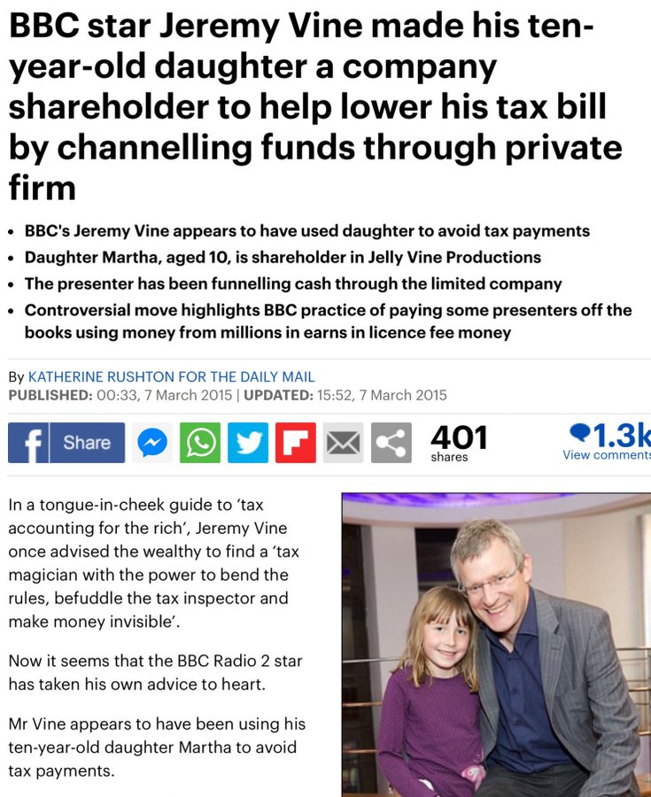 Jeremy Vine using his 10 year old daughter to dodge tax.

I'm pretty certain he doesn't want people to know about this.

So be good!

#Jeremyvine