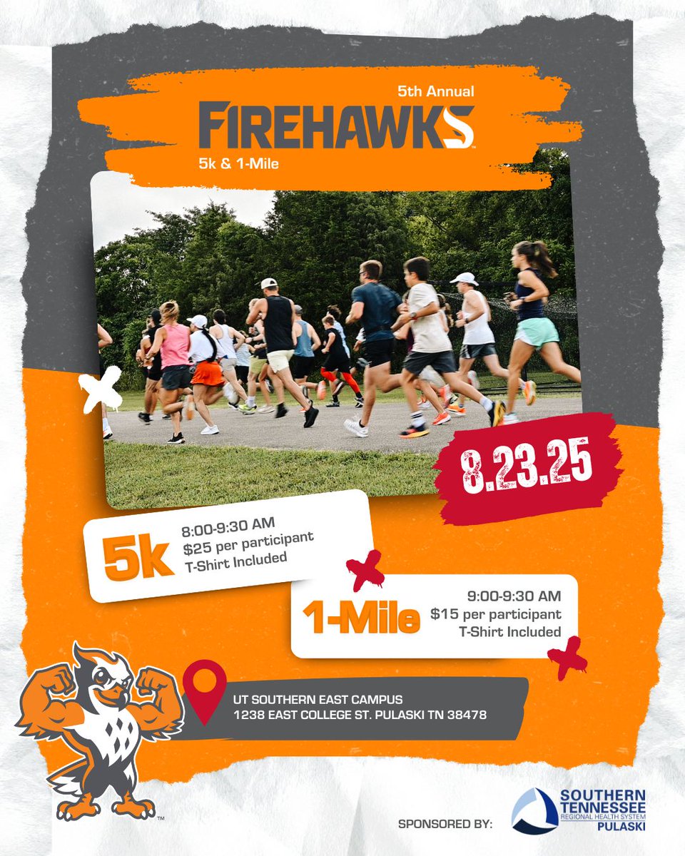 🔥 Ready, set, run! 🔥 
Join us for the 5th Annual Firehawk 5K &amp; 1-Mile Fun Run on Saturday, August 23 in Pulaski, TN! 

👉 Sign up here: loom.ly/q7CL8ms

#Firehawk5K #UTSouthern #PulaskiTN #RunWithUs
