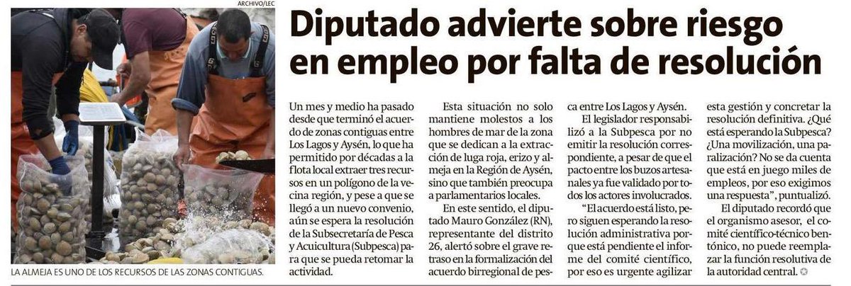 Urge que la <a href="/SubpescaCL/">Subpesca 🐟🇨🇱</a> ratifique el acuerdo de zona contigua entre Los Lagos y Aysén. Su retraso pone en riesgo empleos y la continuidad de la pesca artesanal de erizo, almeja y luga roja.
¡La cadena productiva no puede seguir esperando!