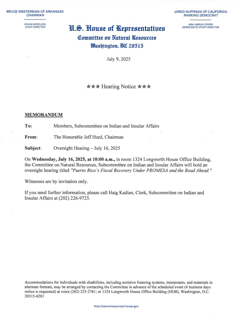 The House Natural Resources Committee just announced that it will hold a hearing next week  on PROMESA and the Financial Oversight and Management Board for Puerto Rico. Governor González-Colón has been working with Committee leadership to ensure proper oversight and
