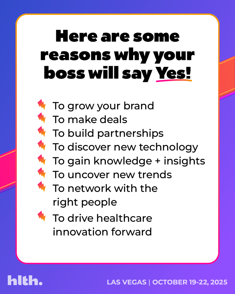 If you’re crafting the ultimate “here’s why I need to go to HLTH” pitch, we’ve got you covered with a checklist of boss-approved reasons they’ll have a hard time saying no to.

No time like the present, prices increase Friday! hlth.com/2025event/conv…