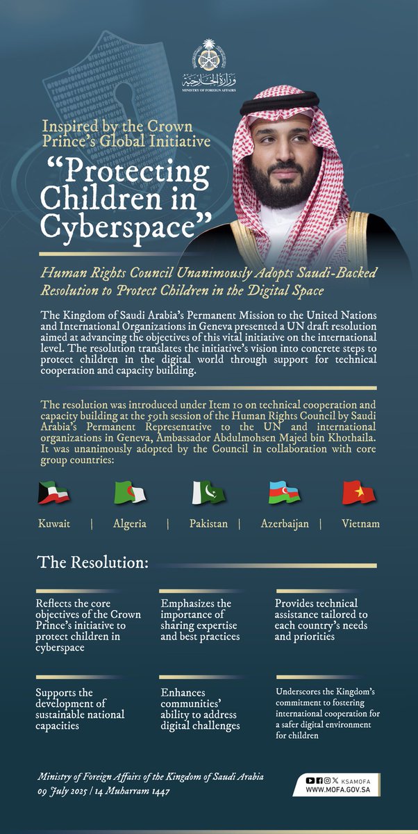 Foreign Ministry 🇸🇦 (@ksamofaen) on Twitter photo Human Rights Council unanimously adopts saudi-backed resolution to protect children in the digital space. Human Rights Council unanimously adopts saudi-backed resolution to protect children in the digital space.