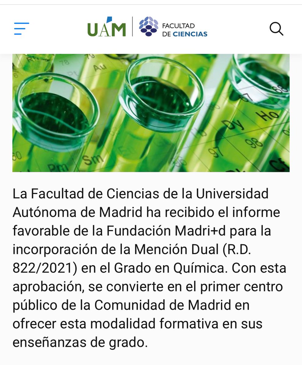 Amaya Mendikoetxea UAM (@_amayamendiko) on Twitter photo Informe favorable de la Fundación Madri+d para la incorporación de la Mención Dual (R.D. 822/2021) en el Grado en Química. La UAM: primer centro público de la Comunidad de Madrid en ofrecer esta modalidad formativa en sus enseñanzas de grado. Enhorabuena a <a href="/CienciasUAM/">Facultad de Ciencias</a> ! Informe favorable de la Fundación Madri+d para la incorporación de la Mención Dual (R.D. 822/2021) en el Grado en Química. La UAM: primer centro público de la Comunidad de Madrid en ofrecer esta modalidad formativa en sus enseñanzas de grado. Enhorabuena a <a href="/CienciasUAM/">Facultad de Ciencias</a> !