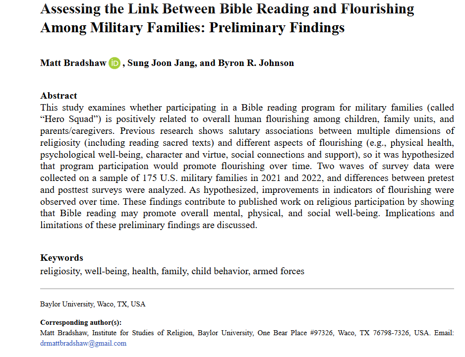 AFS_SAGE's tweet image. From our new issue: Assessing the Link Between Bible Reading and Flourishing Among Military Families: Preliminary Findings - Matt Bradshaw, Sung Joon Jang (@esjayme), Byron R. Johnson, 2025 #NewIssue journals.sagepub.com/doi/abs/10.117…