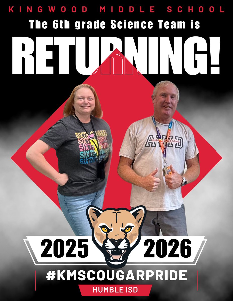 Exciting news! Our two amazing 6th-grade science teachers are returning for the 2025–2026 school year! We can’t wait for another year of curiosity, discovery, and hands-on learning. #KMSCougarPride🐾