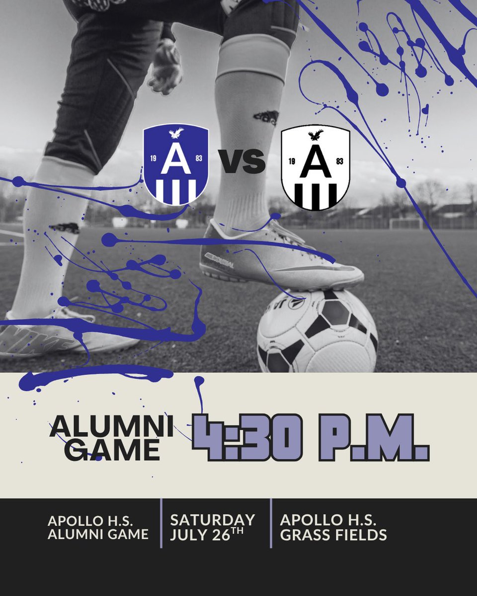 ApolloSoccer's tweet photo. Big News! We will be hosting our first Alumni Game since 2019 Saturday July 26th! Alumni Game starts at 4:30 pm! Inner squad scrimmages will follow. Please come out and support Apollo Soccer Alumni Night to kick start our 25-26 season! https://t.co/Tgr9CfTJoH
