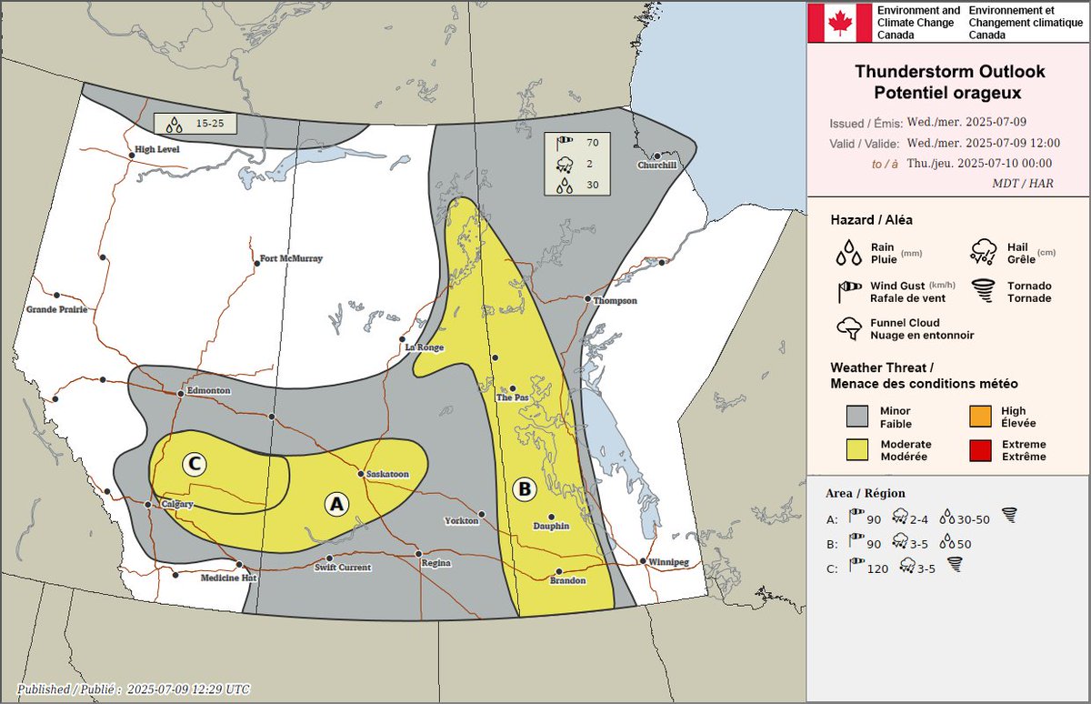 ECCCWeatherAB's tweet image. There is a risk of severe thunderstorms this afternoon across east central and southeast AB. The ingredients are there for all weather threats. There is the slight possibility in a tornado developing with these storms but confidence is low #abstorm