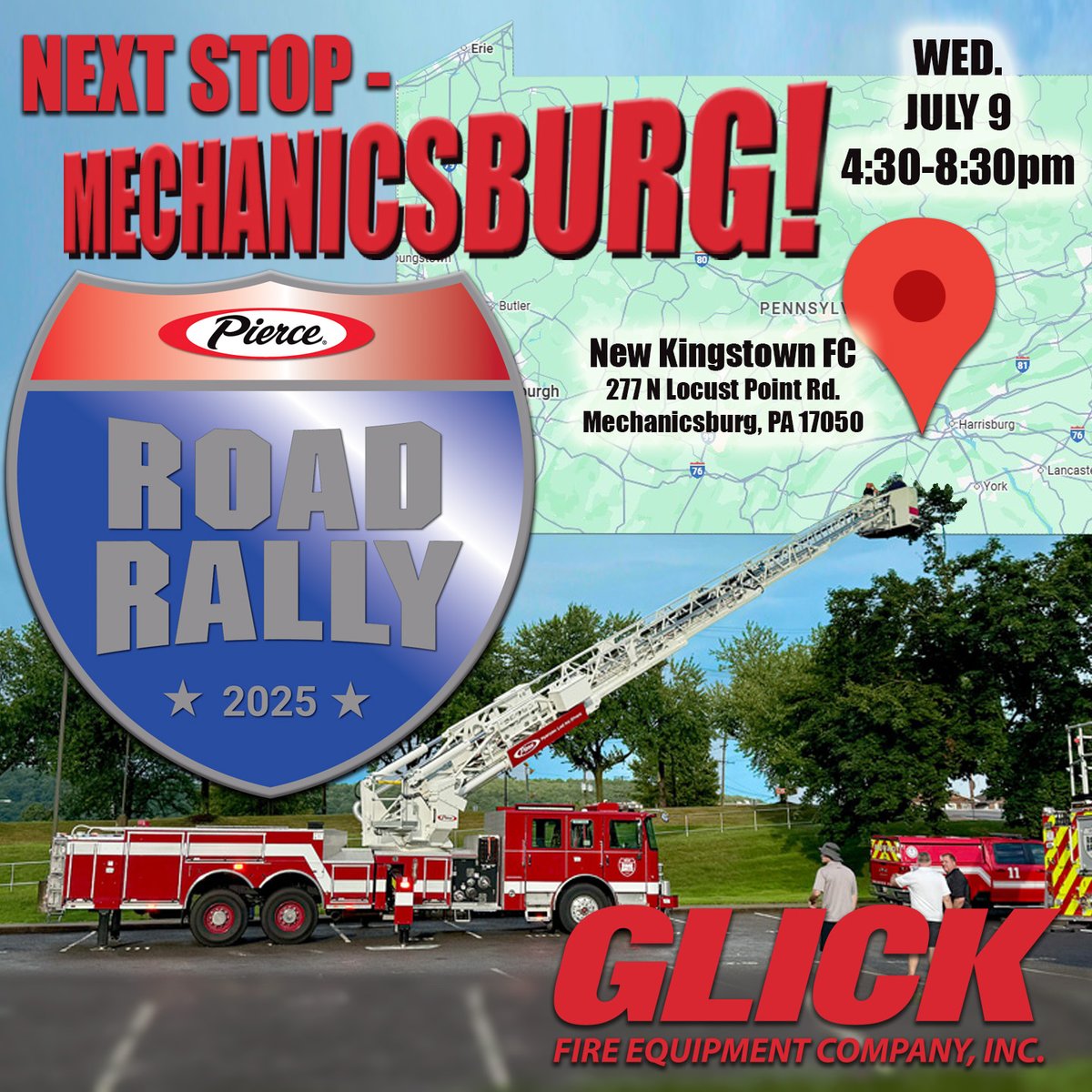 🚨PIERCE ROAD RALLY ALERT!🚨
Join us at New Kingstown Fire Co. in Mechanicsburg today beginning at 4:30pm.
Come see the latest <a href="/PierceMfg/">Pierce Mfg</a> apparatus as well as product demonstrations, food and more!
Get more information at bit.ly/road-rally
