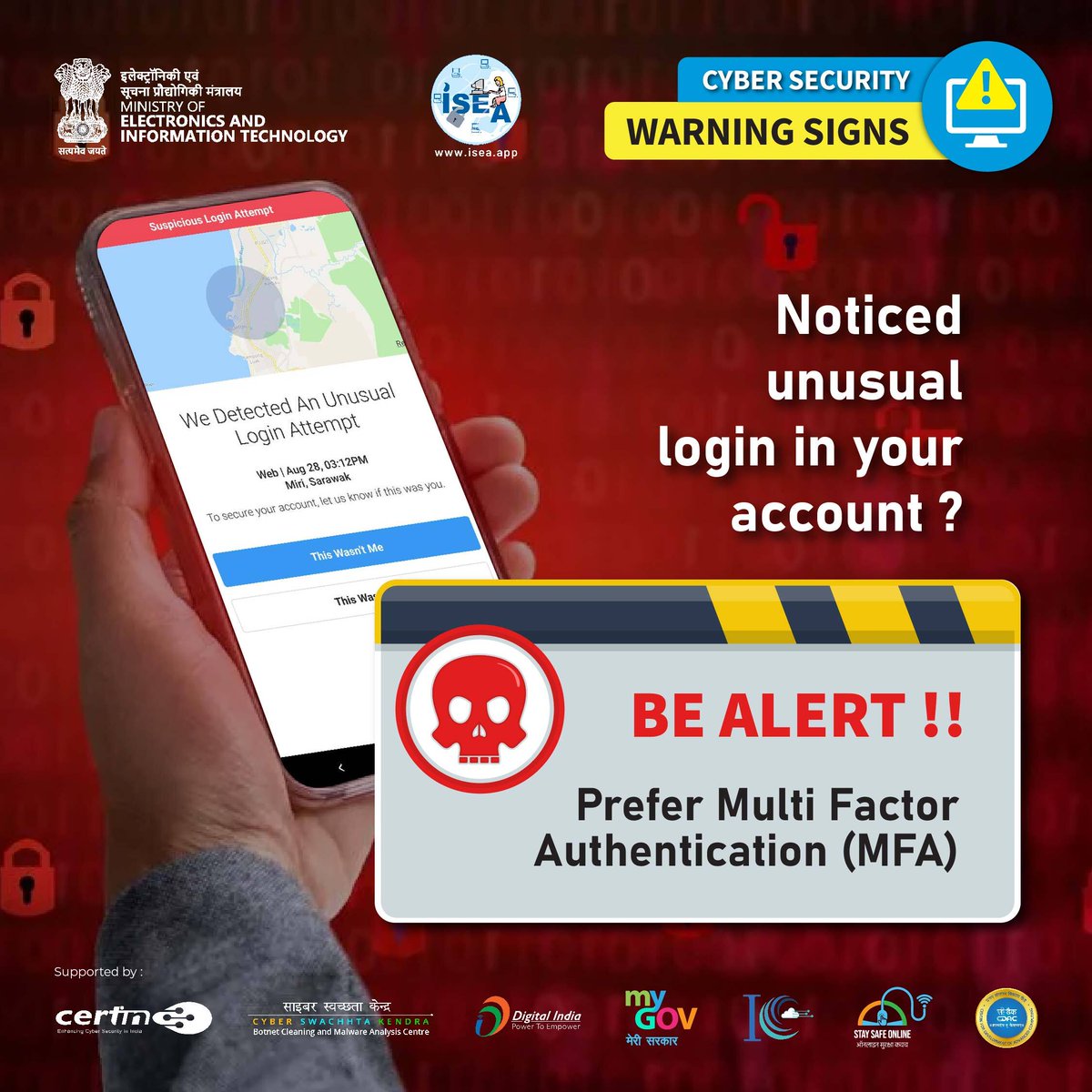 InfoSecAwa's tweet photo. #WarningSigns
🚨 Unusual login alert?

#CyberSecurity #AccountSafety #MFA #TwoFactor

@GoI_MeitY @_DigitalIndia @mygovindia 
@SecretaryMEITY @IndianCERT @NICMeity 
@abhish18 @AshwiniVaishnaw @Cyberdost 
@DrChasM @cdacindia @NIELITIndia 
@GoI_STQC @ERNET_India @sanjaykrvyas https://t.co/OzN0nv33QZ