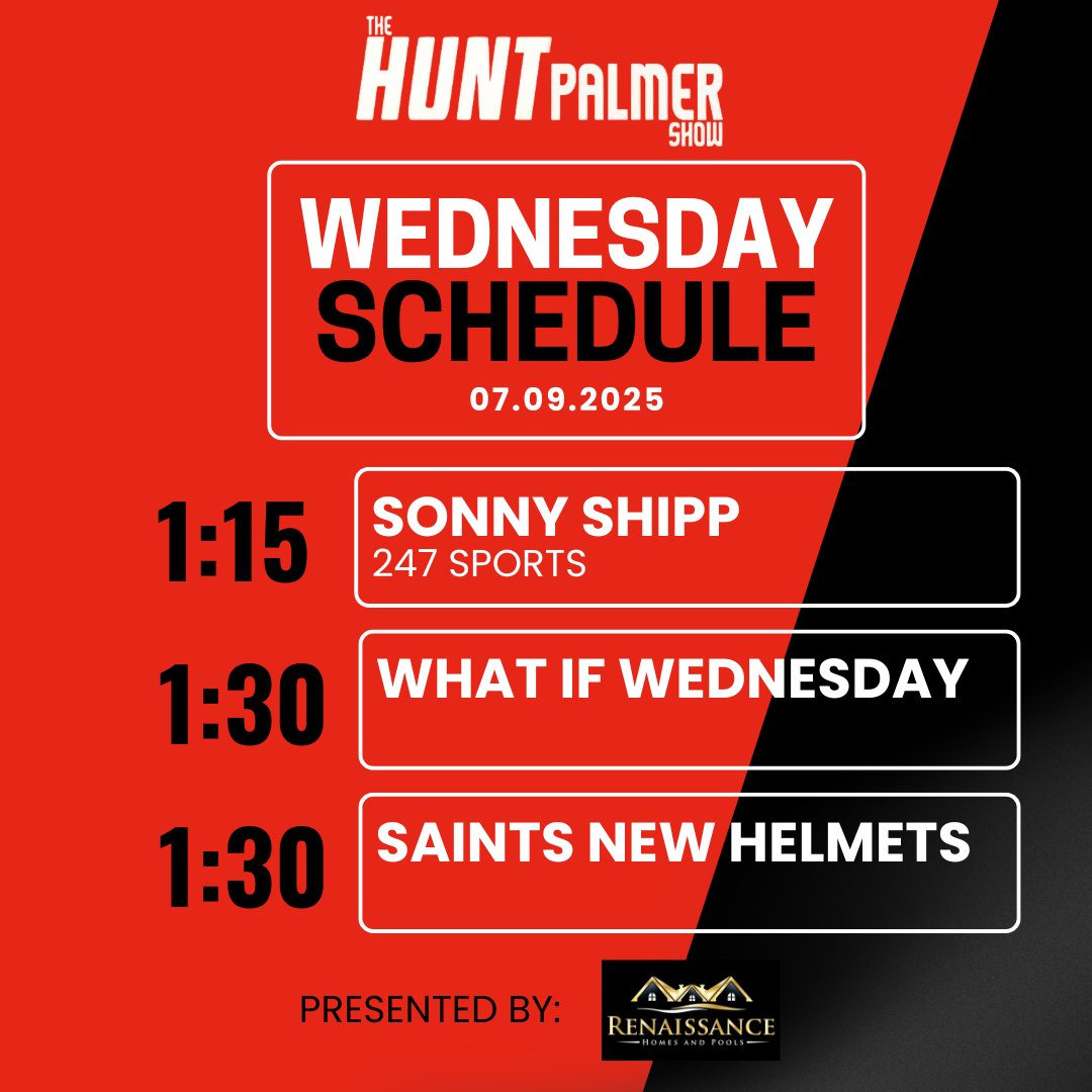 104.5 ESPN (@1045espn) on Twitter photo 🚨Today on The Hunt Palmer Show presented by Renaissance Homes & Pools🚨
⏰1-3pm
🐯1:15 - <a href="/SonnyShipp247/">Sonny Shipp</a>
🤷1:30 - What If Wednesday
⚜️1:45 - Saints New Helmets Reaction
📺WATCH: youtube.com/watch?v=tND7xQ…
📻LISTEN: 1045espn.com 🚨Today on The Hunt Palmer Show presented by Renaissance Homes & Pools🚨
⏰1-3pm
🐯1:15 - <a href="/SonnyShipp247/">Sonny Shipp</a>
🤷1:30 - What If Wednesday
⚜️1:45 - Saints New Helmets Reaction
📺WATCH: youtube.com/watch?v=tND7xQ…
📻LISTEN: 1045espn.com