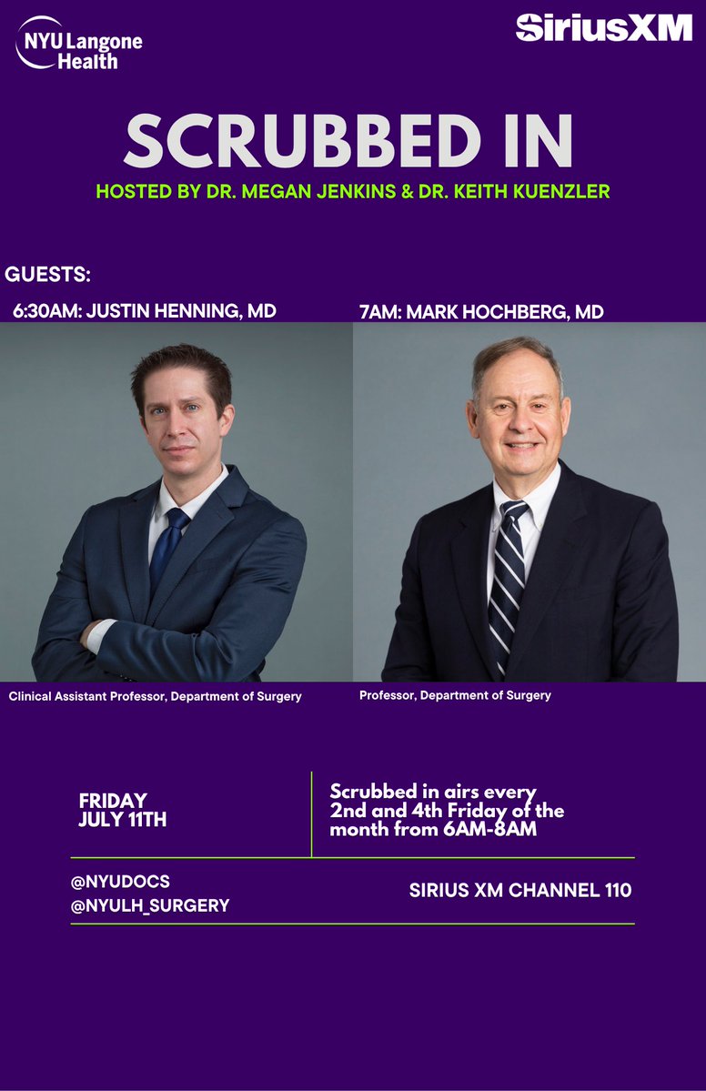 NYULH_Surgery's tweet image. Tomorrow on #ScrubbedIn at 6AM, join us to chat with Justin Henning, MD about reflux and what you can do to stop it. Plus, Mark Hochberg, MD, joins us to discuss the surgeon-patient relationship. Listen in on @SiriusXM ch 110! @nyudocs #NYULHSurgery