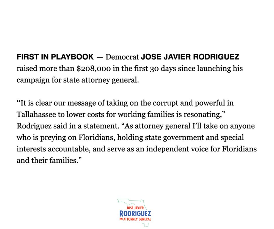 Floridians want an Attorney General who’ll fight corruption, lower costs, and stand up for working families, and I'm proud to have their support for our campaign. As AG, I’ll hold state government and special interests accountable and protect Floridians.