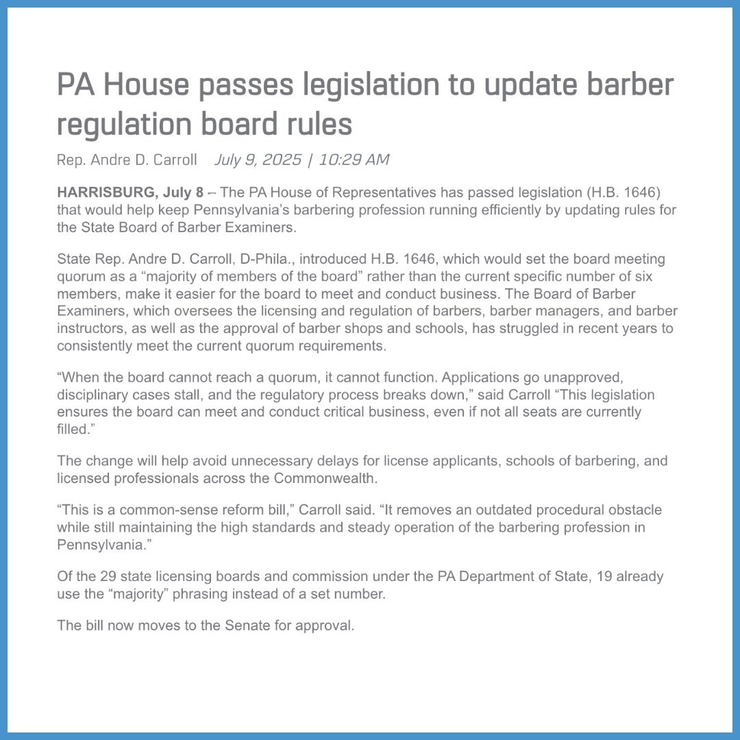 AndreDCarroll's tweet image. Today, my bill HB1646 passed the house. This bill is an investment into our barbershop small businesses. Reforming the board of barber examiners is a step in the right direction to process applications, license and disciplinary actions.
This bill will help barbers like my…