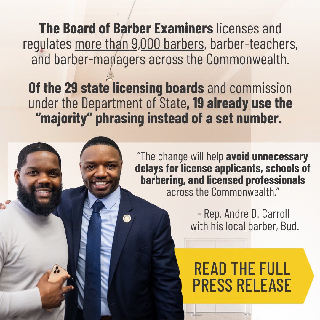 AndreDCarroll's tweet image. Today, my bill HB1646 passed the house. This bill is an investment into our barbershop small businesses. Reforming the board of barber examiners is a step in the right direction to process applications, license and disciplinary actions.
This bill will help barbers like my…