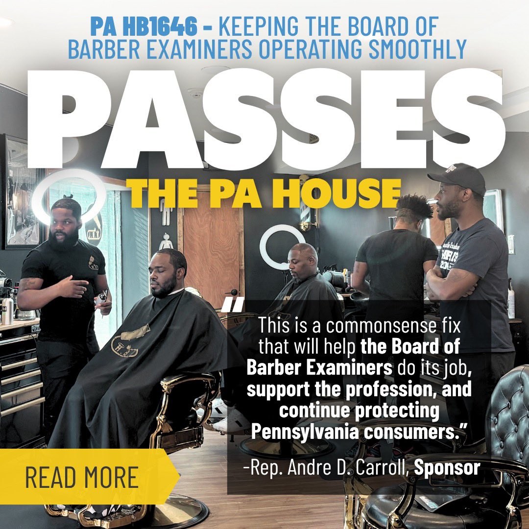 AndreDCarroll's tweet image. Today, my bill HB1646 passed the house. This bill is an investment into our barbershop small businesses. Reforming the board of barber examiners is a step in the right direction to process applications, license and disciplinary actions.
This bill will help barbers like my…