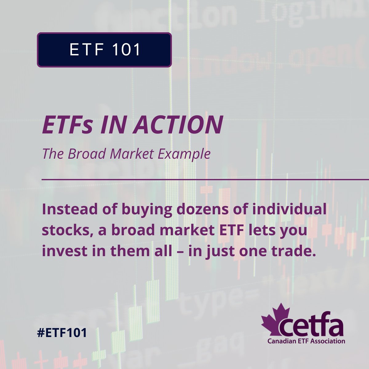 📈 ETF 101: ETFs in Action 
 
Want broad market exposure? You could buy 100+ stocks... or one ETF that holds them all. 
 
Convenient. Diversified. Accessible.
 
Thanks for following along with our ETF 101 series!
 
#ETF101 #InvestingBasics