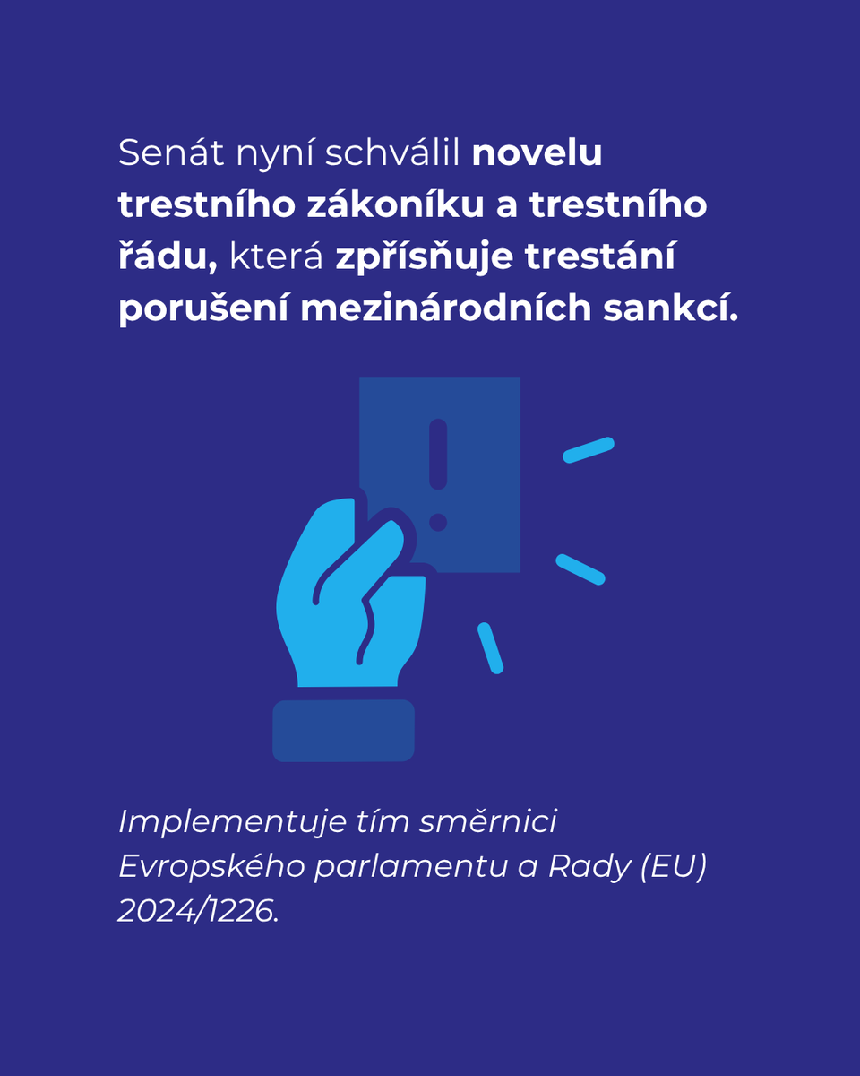 odolnecesko's tweet image. 📢 Novela trestního zákoníku a trestního řádu prošla Senátem a čeká na podpis prezidenta. Platit má od 1. 1. 2026.
✅ Po našich opakovaných výzvách se do zákona dostalo i:
– zpřesnění postihu za obcházení mezinárodních sankcí
– trestnost porušení sankcí i z hrubé nedbalosti…