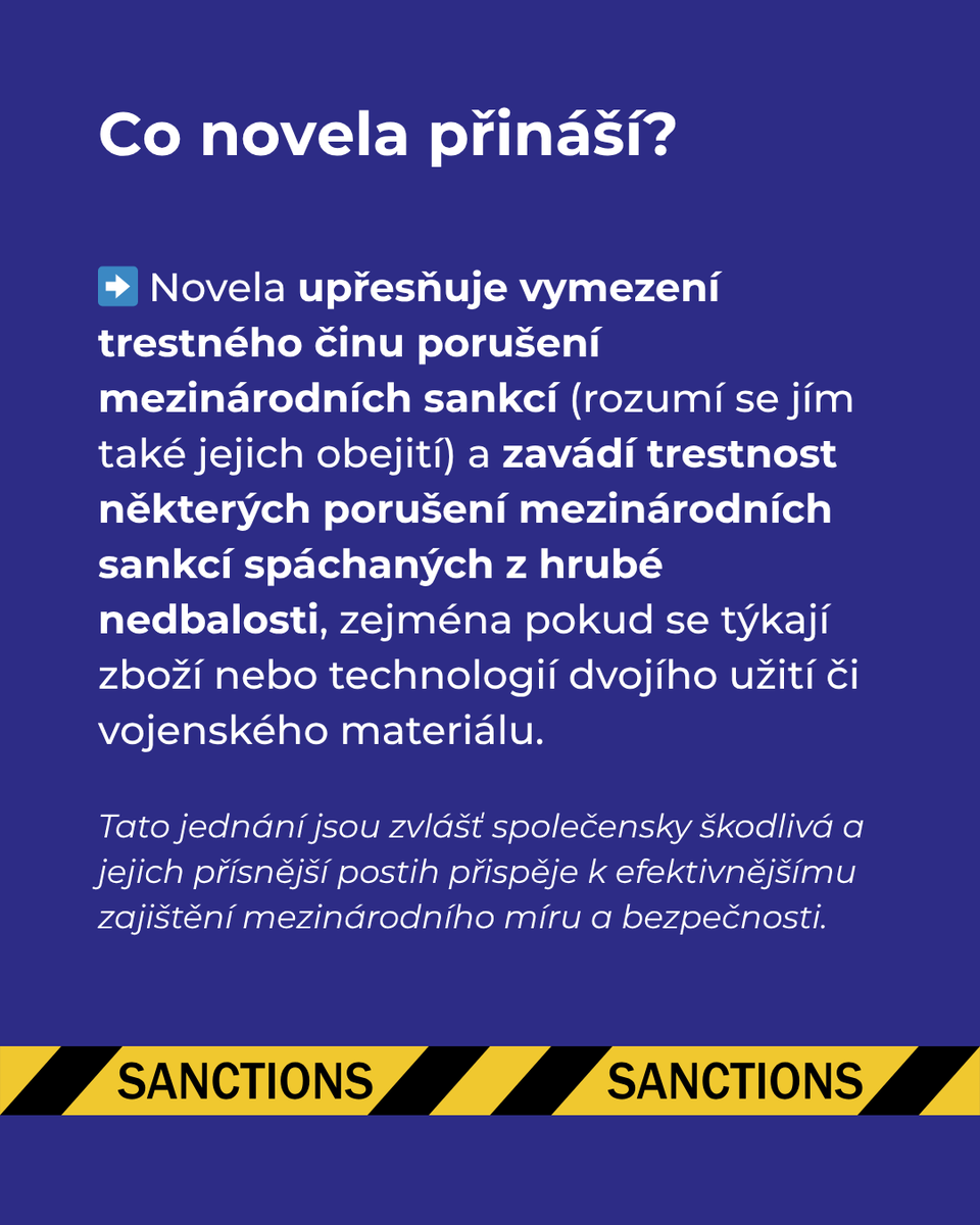 odolnecesko's tweet image. 📢 Novela trestního zákoníku a trestního řádu prošla Senátem a čeká na podpis prezidenta. Platit má od 1. 1. 2026.
✅ Po našich opakovaných výzvách se do zákona dostalo i:
– zpřesnění postihu za obcházení mezinárodních sankcí
– trestnost porušení sankcí i z hrubé nedbalosti…