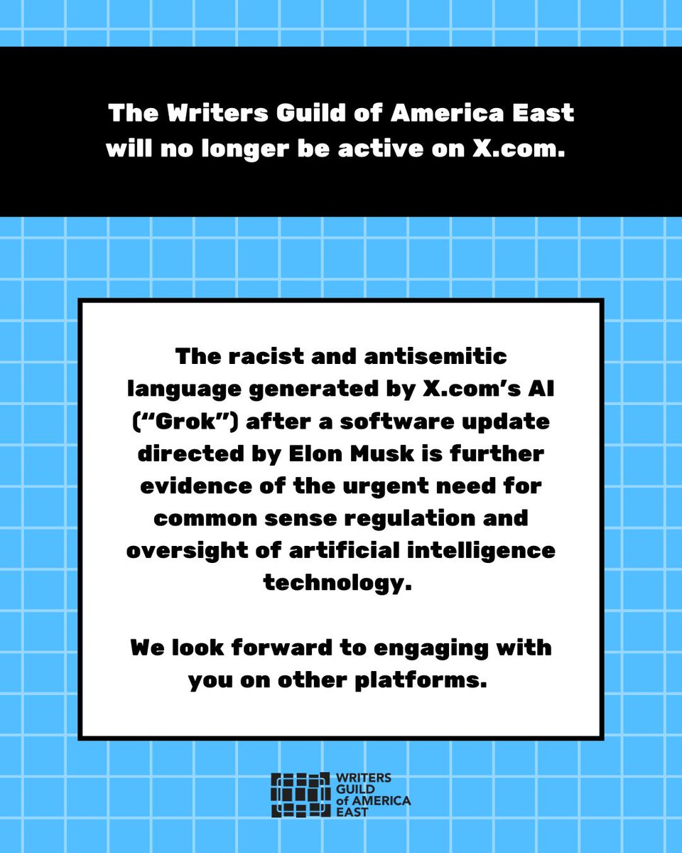WGAEast's tweet image. The Writers Guild of America East will no longer be active on X.com.
Please follow the Guild on BlueSky: bsky.app/profile/wgaeas… and on Instagram, TikTok, and Threads at WGAEast.