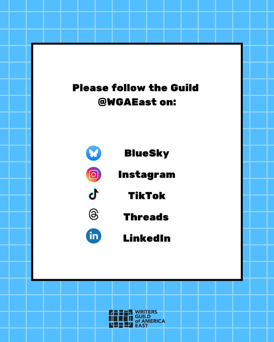 WGAEast's tweet image. The Writers Guild of America East will no longer be active on X.com.
Please follow the Guild on BlueSky: bsky.app/profile/wgaeas… and on Instagram, TikTok, and Threads at WGAEast.