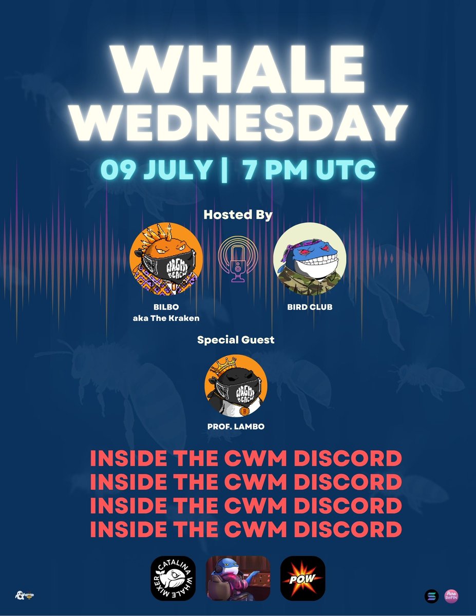 Join us today for Whale Wednesday, inside the CWM Discord. We'll talk Entropy Acolyte Mint, Art Sneak Peeks, and $POW Multiplier. 

Discord: discord.com/channels/11904…