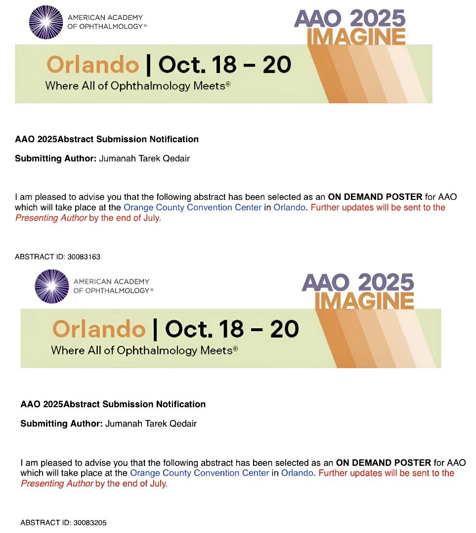 Two abstracts accepted as on-demand posters at @AAO_Ophth ’25. Not bad for a first-time submitter.

Cannot wait to attend the meeting in Orlando to learn and network!
#AAO2025