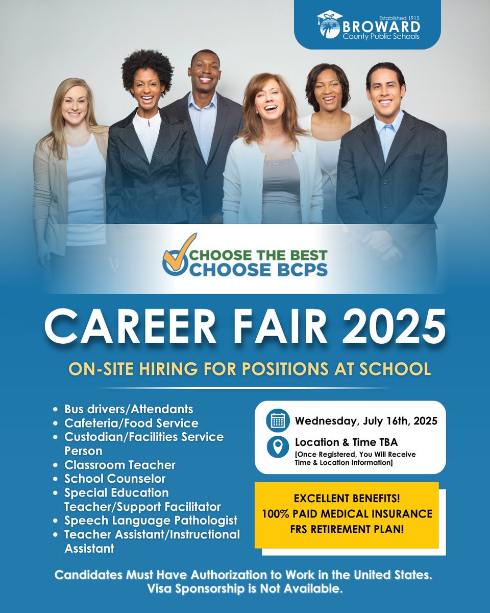 🌟 Join Us for Our 2025 Career Fair on Wednesday, July 16th! Meet with BCPS leaders hiring for a variety of positions at our schools.

✅ Register to Attend at: bcpscareers.com
Once Registered, You Will Receive the Time Information.

Choose the best. Choose BCPS. 🍎
