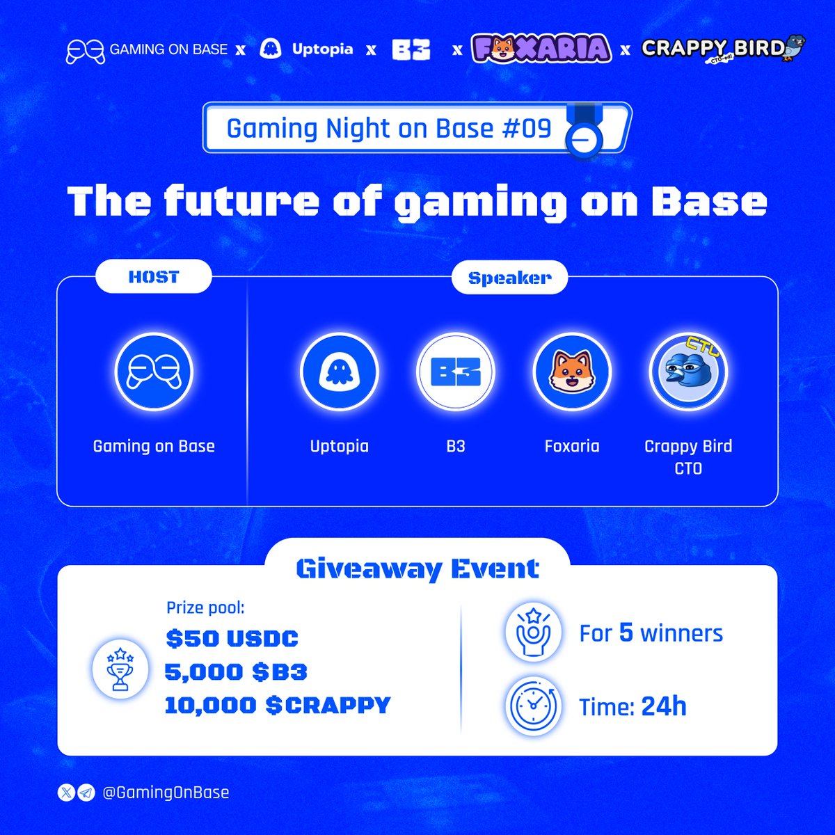 Gaming on Base (@gamingonbase) on Twitter photo ๐ฎ Gaming Night on Base #09 + Giveaway ๐
Letโs talk the future of gaming on <a href="/base/">Base</a> with top builders shaping the space.
๐ Thurs, July 10 | 14:00 UTC | x.com/i/spaces/1Yqxoโฆ
๐ฐ Giveaway for 5 winners
$50 USDC
5,000 $B3
10,000 $CRAPPY
To enter:
1๏ธโฃ Follow:
<a href="/GamingOnBase/">Gaming on Base</a> ๐ฎ Gaming Night on Base #09 + Giveaway ๐
Letโs talk the future of gaming on <a href="/base/">Base</a> with top builders shaping the space.
๐ Thurs, July 10 | 14:00 UTC | x.com/i/spaces/1Yqxoโฆ
๐ฐ Giveaway for 5 winners
$50 USDC
5,000 $B3
10,000 $CRAPPY
To enter:
1๏ธโฃ Follow:
<a href="/GamingOnBase/">Gaming on Base</a>