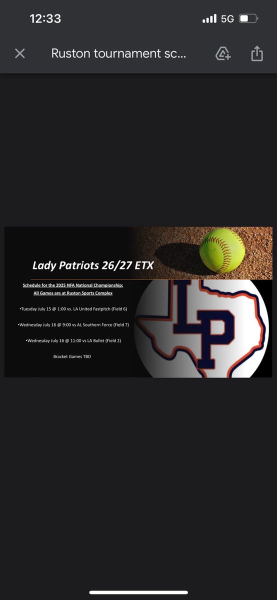 Lady Patriots 26/27 ETX 18U (@lp2526etx) on Twitter photo Schedule is out for the 2025 NFA National Championship in Ruston. Schedule is below! Looking forward to a great tournament. <a href="/Ladypatriots_Tx/">LadyPatriots-Official</a> Schedule is out for the 2025 NFA National Championship in Ruston. Schedule is below! Looking forward to a great tournament. <a href="/Ladypatriots_Tx/">LadyPatriots-Official</a>