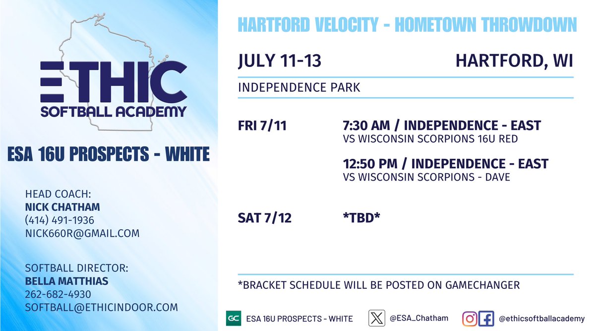 ESA 16U Prospects - White (@esa_chatham) on Twitter photo Game Schedule for the Hartford Velocity - Hometown Throwdown in📍Hartford, WI!! 💥
<a href="/Arowicki99/">Alejandra Rowicki</a> <a href="/chatjord12_8/">Jordan Chatham</a> <a href="/JaedaZackery/">Jaeda.zackery</a> <a href="/JaycieAnderson_/">Jaycie</a> <a href="/JamieG_30/">Jamie Gorski</a> <a href="/MollySheahan/">Molly Sheahan</a> Game Schedule for the Hartford Velocity - Hometown Throwdown in📍Hartford, WI!! 💥
<a href="/Arowicki99/">Alejandra Rowicki</a> <a href="/chatjord12_8/">Jordan Chatham</a> <a href="/JaedaZackery/">Jaeda.zackery</a> <a href="/JaycieAnderson_/">Jaycie</a> <a href="/JamieG_30/">Jamie Gorski</a> <a href="/MollySheahan/">Molly Sheahan</a>