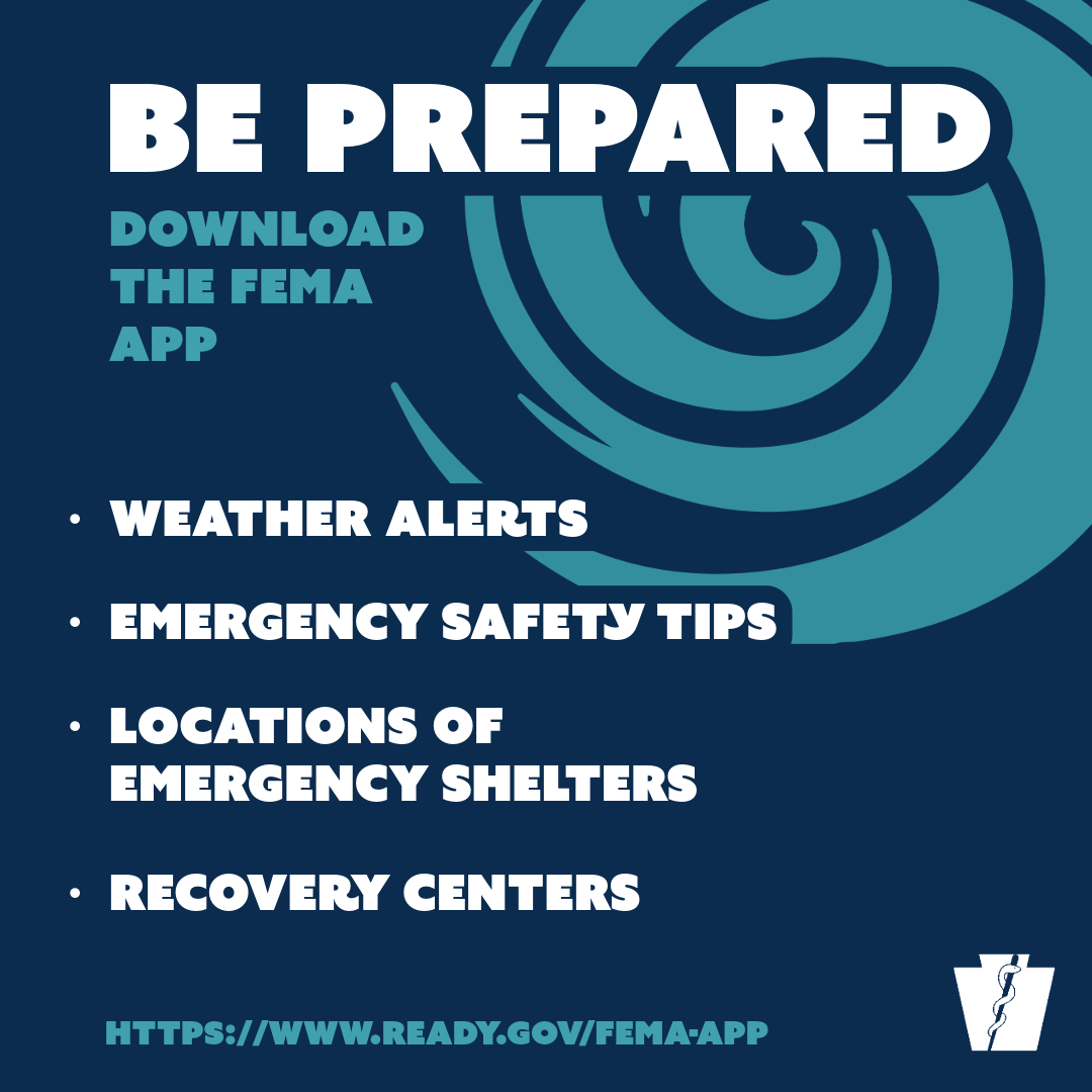 PAHealthDept's tweet image. Are you prepared for hurricane season?🌧️ Have several ways to receive alerts.🔔 Download the FEMA app and receive real-time alerts from @NWS for up to five locations nationwide → bit.ly/44uPpDk