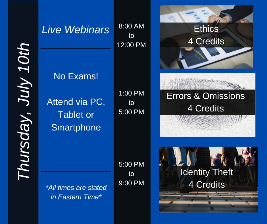 EITINS's tweet image. 📅 Join us July 10 for live webinars!  
Ethics ~ Errors &amp;amp; Omissions ~ Identity Theft (4 Credits Each)
🎟️ Use code TRYAWEB for $10 OFF each course!  
!No exams!
🔗 Reserve now: etrainingschool.com/clientsite/Cla… #CECredits #Webinars #LearnOnline