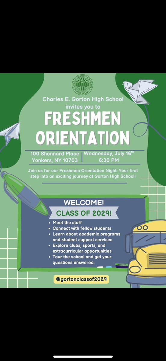 Cyrus Shojai (@ap_shojai) on Twitter photo Welcome, Class of 2029!
We’re excited to have you here for orientation. Let’s get ready for a great year ahead! #ClassOf2029
<a href="/Prin_MoralesGHS/">Mr. Jamie Morales</a> <a href="/YonkersSchools/">Yonkers Public Schools</a> <a href="/RcollinsJudon/">RoseAnne Collins-Judon</a> <a href="/AnibalSolerJr/">Aníbal Soler, Jr.</a> <a href="/GortonHS/">Gorton High School</a> Welcome, Class of 2029!
We’re excited to have you here for orientation. Let’s get ready for a great year ahead! #ClassOf2029
<a href="/Prin_MoralesGHS/">Mr. Jamie Morales</a> <a href="/YonkersSchools/">Yonkers Public Schools</a> <a href="/RcollinsJudon/">RoseAnne Collins-Judon</a> <a href="/AnibalSolerJr/">Aníbal Soler, Jr.</a> <a href="/GortonHS/">Gorton High School</a>